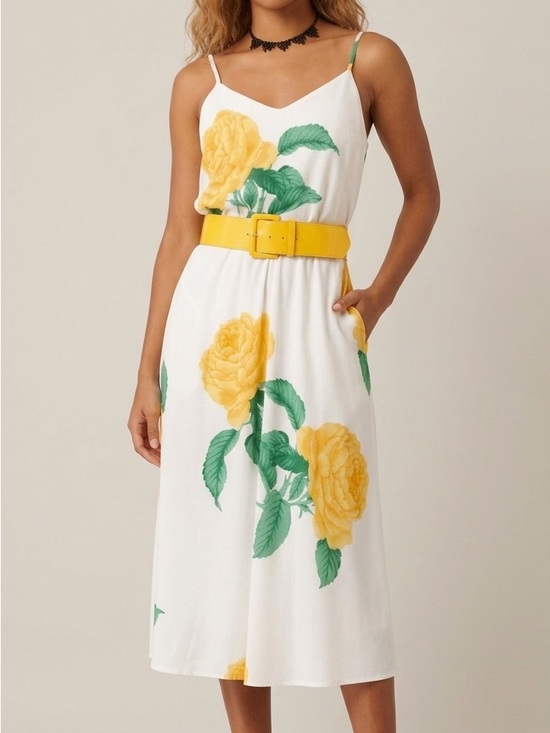J. Ellis Dresses & Skirts - J. Ellis Vintage White Maxi Dress with Yellow Floral Print and Belt Size 10